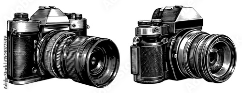 Vintage 35mm SLR cameras in a black and white technical illustration style