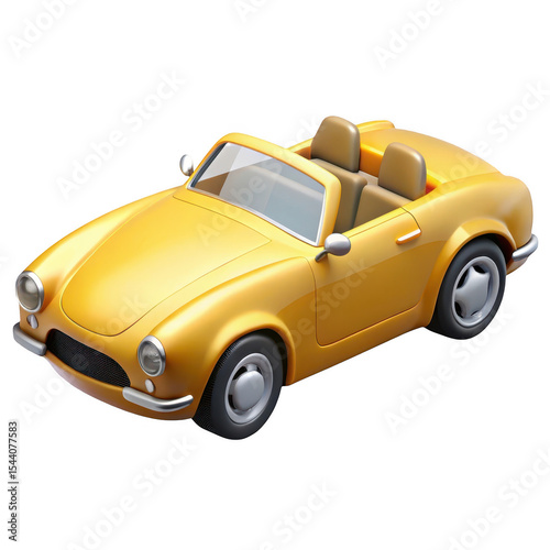 A stylized yellow convertible car with tan interior on a black background in a cartoonish style