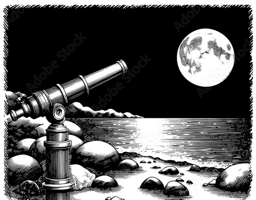 Telescope pointing at the moon in woodcut style, black and white, astronomy