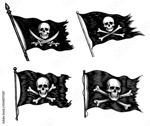Pirate Jolly Roger flags in vintage style in black and white