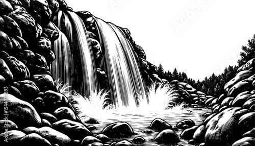 Waterfall in hand drawn woodcut style, black and white