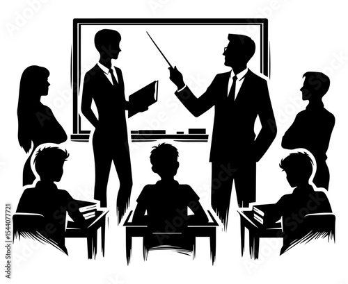 Black and white silhouettes of students listening to their classmate answer questions from the teacher at the blackboard on a white isolated background. Vector graphics. EPS.