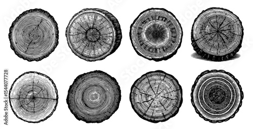 Tree trunk cross-sections in a detailed line art style, black and white