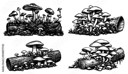 Woodcuts of mushrooms growing on rotten trees in a vintage botanical style, in black and white