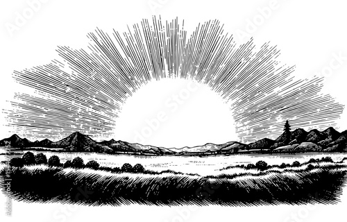 Vintage woodcut of landscape at dawn with mountains, lake and sun rays in black and white