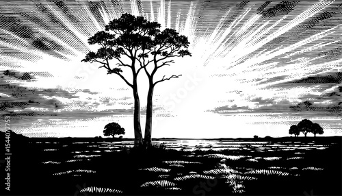 Pastoral landscape at dawn with bright sun in woodcut style with trees in black and white