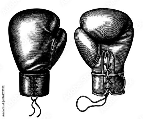 Vintage engraved boxing gloves in black and white