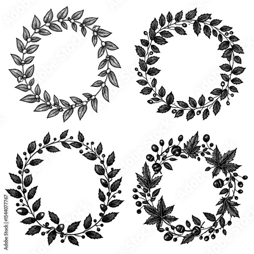 botanical wreaths in a vintage line drawing style in black and white