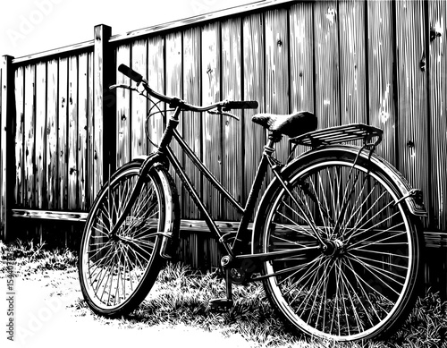 Bicycle against wooden fence in woodcut style, black and white