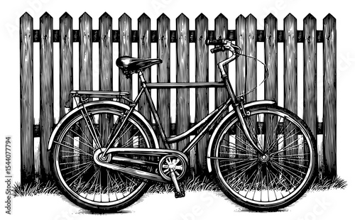 Bicycle by a picket fence in nostalgic illustration style, black and white, for childhood and leisure themes