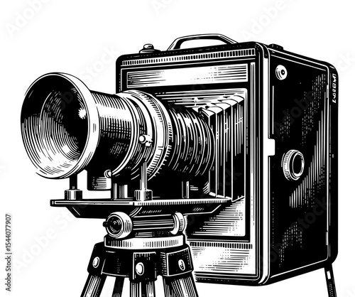 Large format view camera in a vintage engraved style in black and white