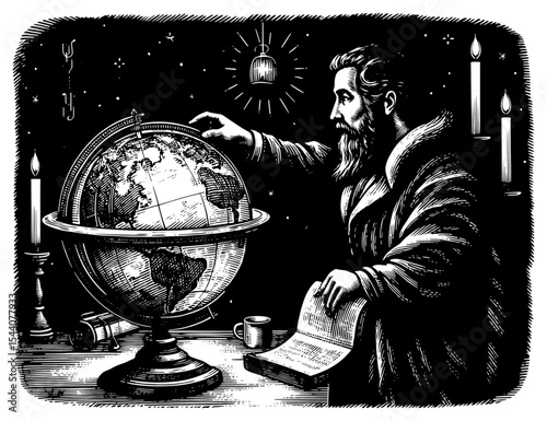 Scholar studying a globe by candlelight, representing knowledge and discovery, against a dark, starry background