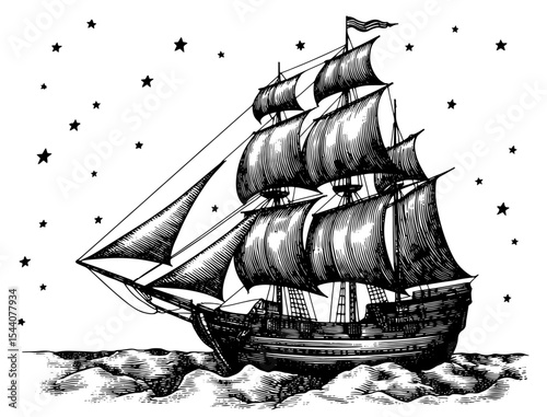 Sailing ship in a vintage woodcut style, black and white