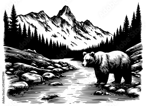 A grizzly bear stands by a river with a mountain landscape in the background