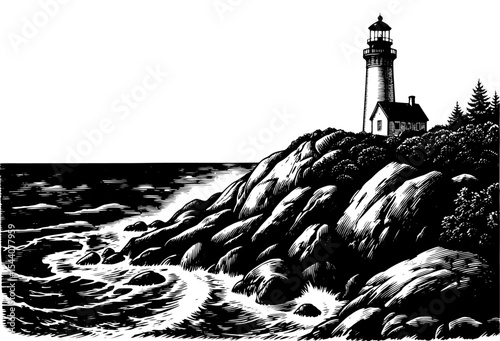 Lighthouse on a rocky cliff in a woodcut style, black and white