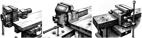 Vise on workbench wood engraving style illustration black and white