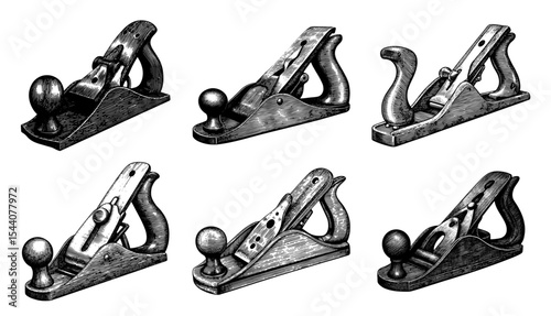 Hand planes woodcut style illustration black and white for carpentry and woodworking