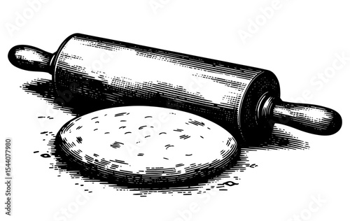 Rolling pin and dough woodcut style illustration black and white for baking and cooking