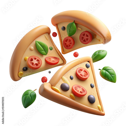 Three slices of 3d rendered pizza with tomatoes olives and basil on a black background art style