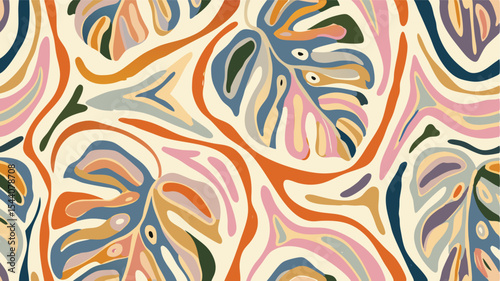 Abstract floral pattern with swirling lines and organic shapes in pastel and earthy tones design