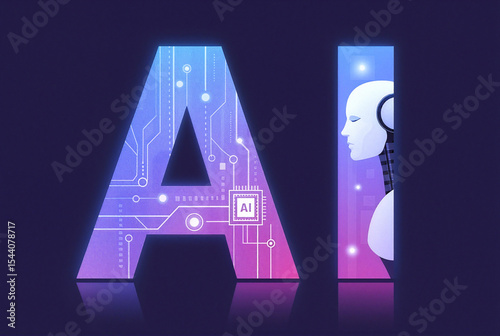 Futuristic AI Letters with Robot Head and Circuit Design in Gradient Colors