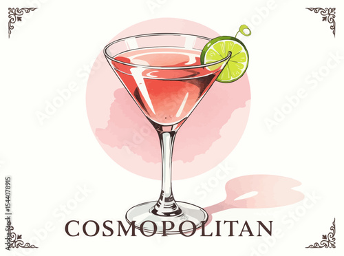 Cosmopolitan Cocktail Illustration with Lime Garnish