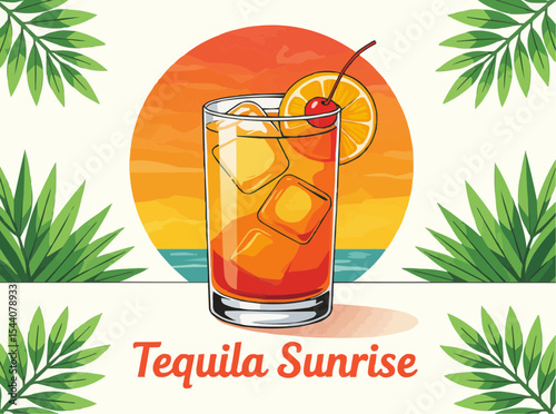 Tequila Sunrise Cocktail Illustration with Tropical Background