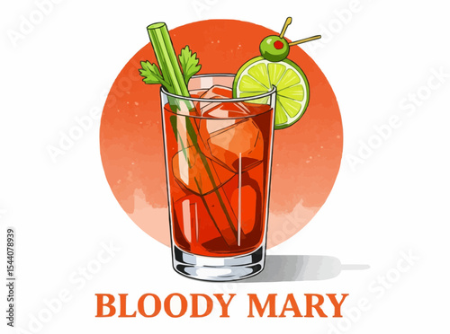 Bloody Mary Cocktail Illustration with Celery and Olive Garnish