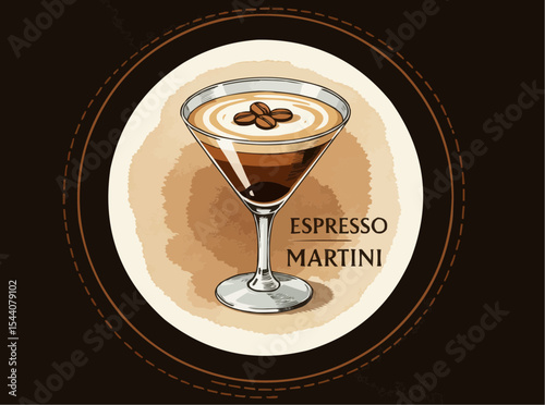 Espresso Martini Cocktail Illustration with Coffee Beans