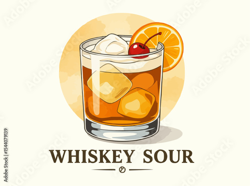 Whiskey Sour Cocktail Illustration with Orange and Cherry Garnish