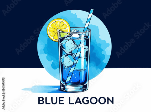 Blue Lagoon Cocktail Illustration with Lemon Slice and Straw