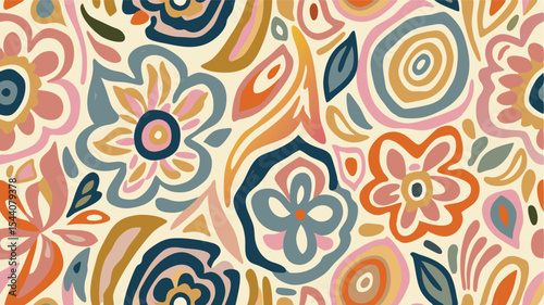 Retro floral pattern with abstract shapes in shades of pink orange blue and green on a cream background