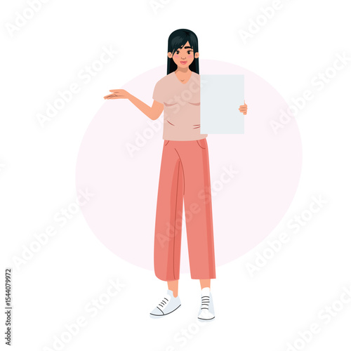 Female character with long hair, pink pants, showing empty sign, stylish minimal vector art for presentations