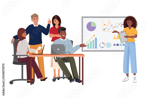 Office group discussing analytics, business presentation, colleagues collaborating at desk, digital workplace scene