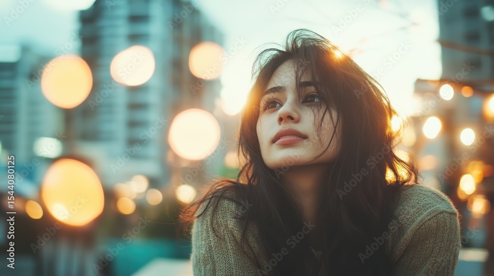 Fototapeta premium A young woman with long dark hair looks pensively at the sunset, bathed in soft light with a dreamy expression, depicting contemplation and the beauty of life's fleeting moments.