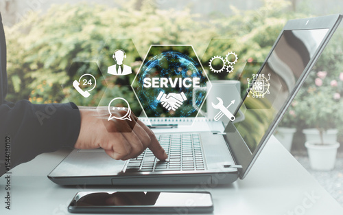The concept of technical support customer service business technology with AI. Businessman use laptop accessing online technical support assistance from qualified professionals to resolve issue.