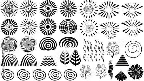 Collection of diverse black and white graphic elements including spirals, sunbursts, and floral shapes