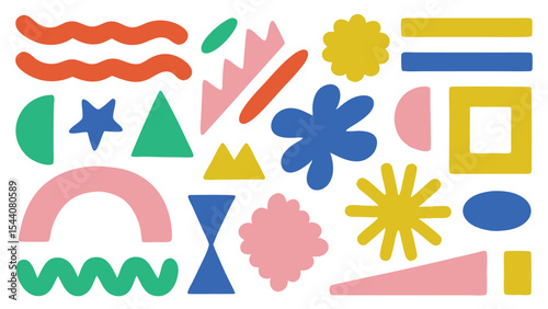 Composition of colorful geometric shapes including waves, stars, triangles and more on white background