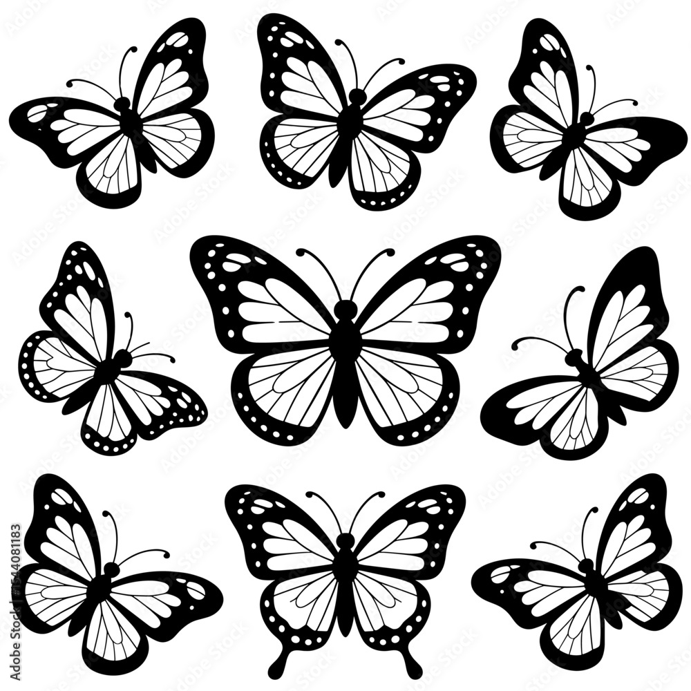 Fototapeta premium Fun Butterfly Silhouettes Set – 2D Black Line Art Vector Collection