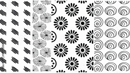 Black and white pattern featuring abstract floral elements and geometric shapes repeated across surface