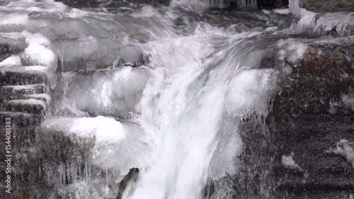Frozen waterfall with water rushing down 4k

