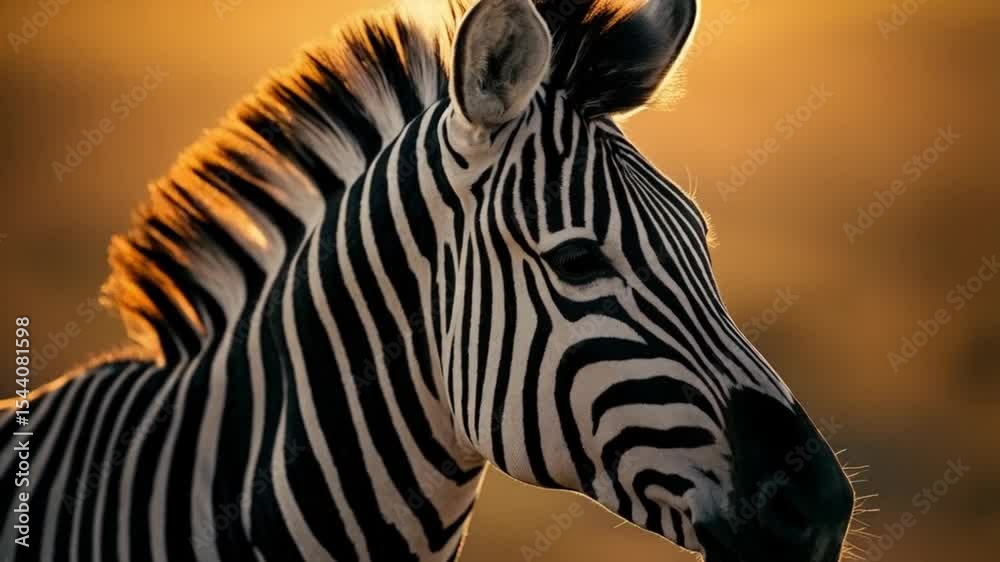 Close up portrait of a zebra with black and white stripes in front of a golden background video