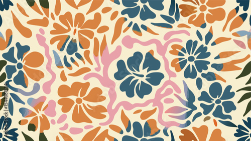 Floral pattern with abstract shapes in orange blue pink and green on a cream colored background