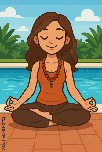 Cartoon woman meditating in lotus pose by a swimming pool. Yoga and relaxation concept. Healthy lifestyle and wellness vector illustration for mindfulness and summer vacation.