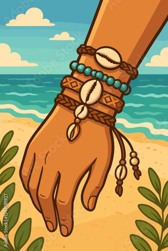Woman's hand with bohemian cowrie shell bracelets on a sandy beach background. Vector cartoon illustration of summer vacation accessories. Boho chic fashion jewelry concept.