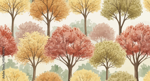 Autumnal Tree Seamless Pattern Watercolor Style Forest Illustration