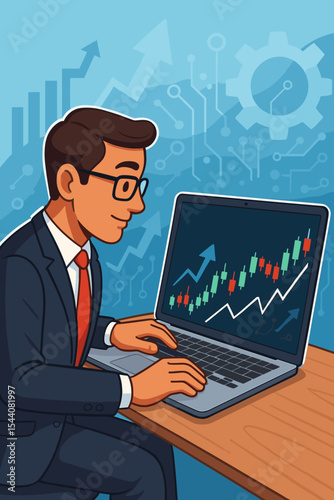 Businessman investor analyzing stock market graph on laptop. Trader monitoring financial candlestick chart. Successful investment, finance, and forex trading concept. Vector.