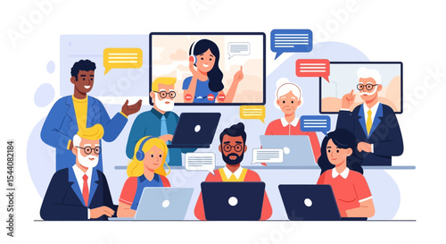 Diverse Team Collaborating on Video Conference Call Remote Work and Global Communication