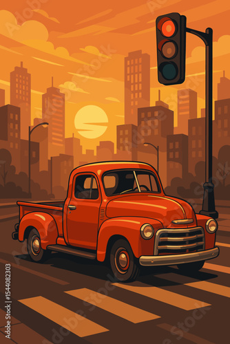 Classic retro red pickup truck stopped at a traffic light on a city street crosswalk. Vector illustration of a vintage automobile in an urban cityscape with a sunset skyline.