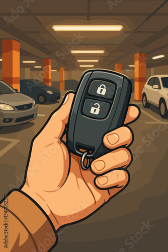 Hand holding car remote control key in underground parking garage. Driver using keyless entry fob to lock or unlock vehicle. Car alarm and security system concept. Vector cartoon.